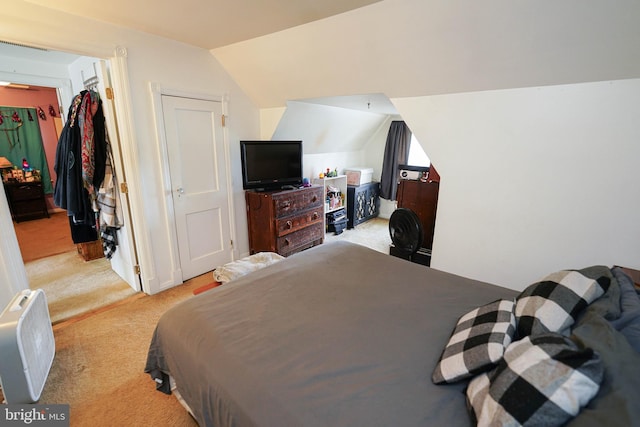 bedroom with lofted ceiling, light colored carpet, and a closet