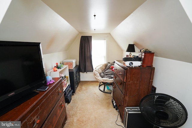 interior space featuring lofted ceiling and light colored carpet