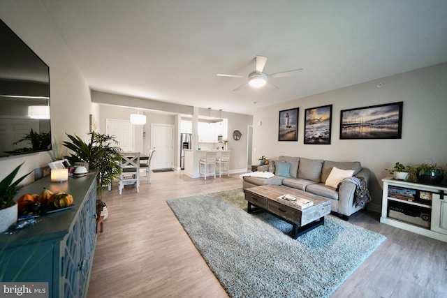 living room featuring ceiling fan and hardwood / wood-style flooring