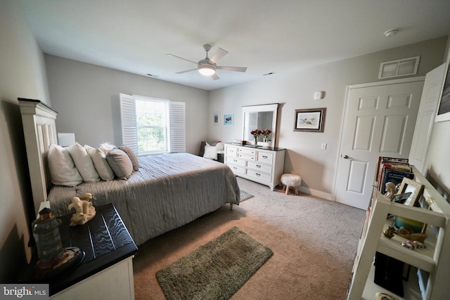 bedroom featuring carpet flooring and ceiling fan