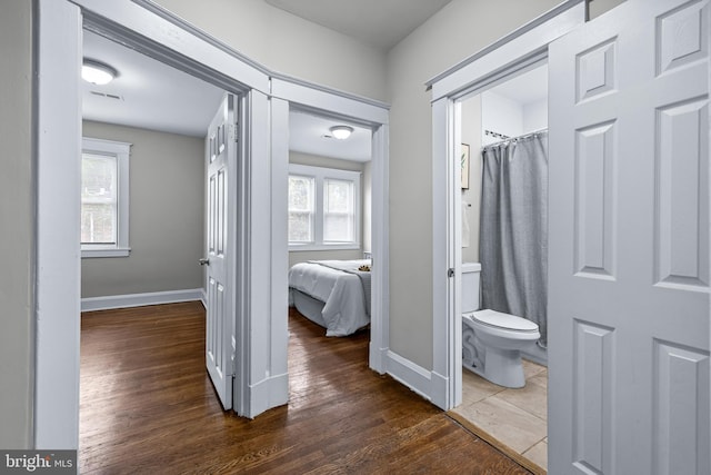 hallway featuring dark wood-type flooring and plenty of natural light