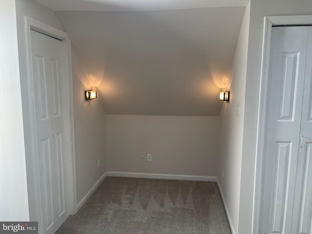 bonus room with lofted ceiling and carpet flooring