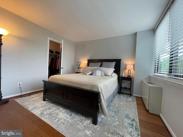 bedroom with wood-type flooring, a walk in closet, and a closet