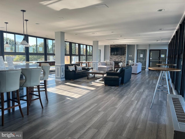 living room with floor to ceiling windows, a stone fireplace, and dark wood-type flooring