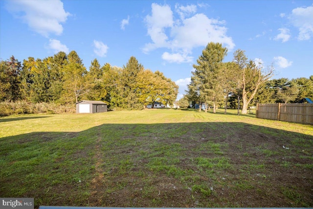 view of yard with a garage and an outbuilding