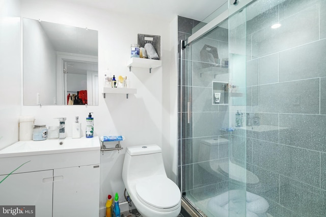 full bathroom with vanity, toilet, and a stall shower