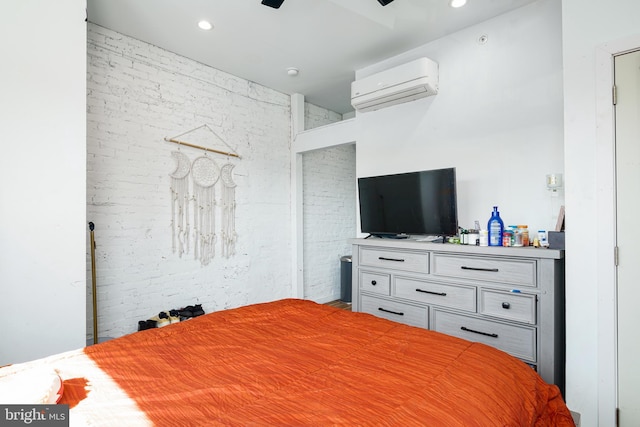 bedroom with an AC wall unit, recessed lighting, and ceiling fan