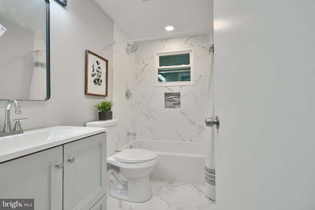 full bathroom featuring vanity, shower / bath combo, and toilet