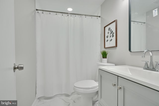 bathroom featuring vanity, a shower with curtain, and toilet