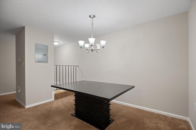 carpeted dining space featuring electric panel and a chandelier