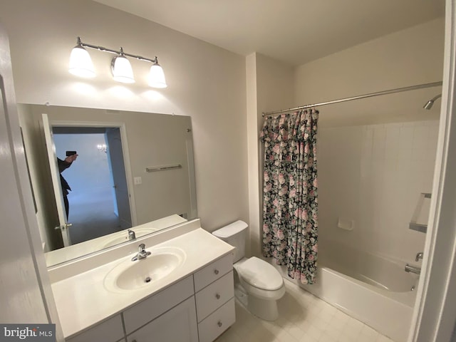 full bathroom with shower / bath combination with curtain, toilet, and vanity