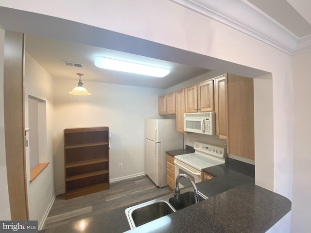 kitchen featuring sink, light brown cabinets, dark wood-type flooring, decorative light fixtures, and white appliances