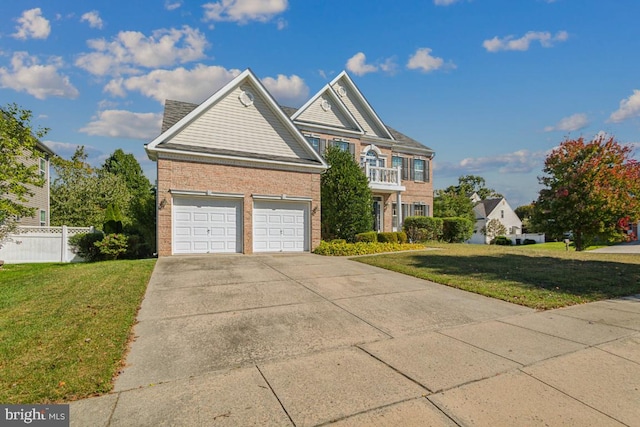 view of front of home with a front lawn, a garage, and a balcony