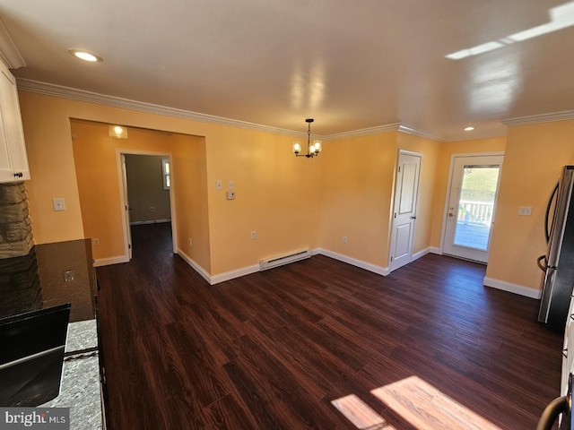 unfurnished living room featuring crown molding, a baseboard radiator, dark hardwood / wood-style floors, and an inviting chandelier