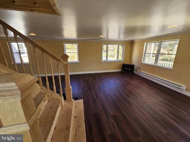 interior space with dark hardwood / wood-style floors, ornamental molding, a wealth of natural light, and a baseboard radiator