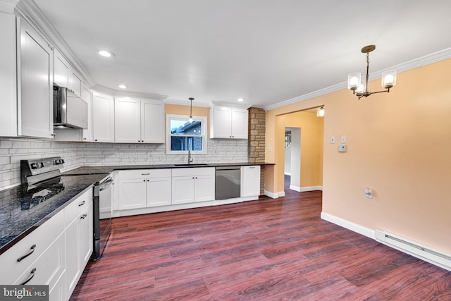 kitchen featuring pendant lighting, stainless steel appliances, white cabinetry, and dark wood-type flooring