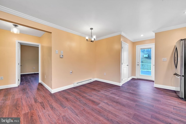 unfurnished dining area with dark hardwood / wood-style flooring, crown molding, and a baseboard radiator