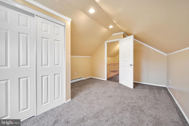 bonus room featuring carpet flooring, a baseboard radiator, and lofted ceiling