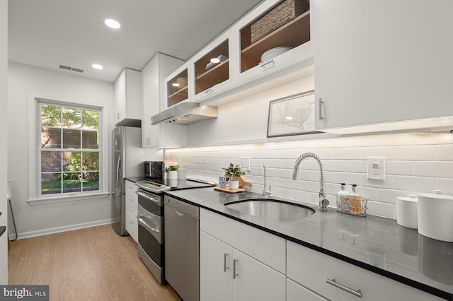 kitchen featuring light wood-type flooring, white cabinetry, sink, and stainless steel appliances