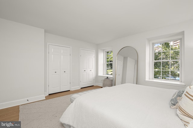 bedroom featuring light wood-type flooring and two closets