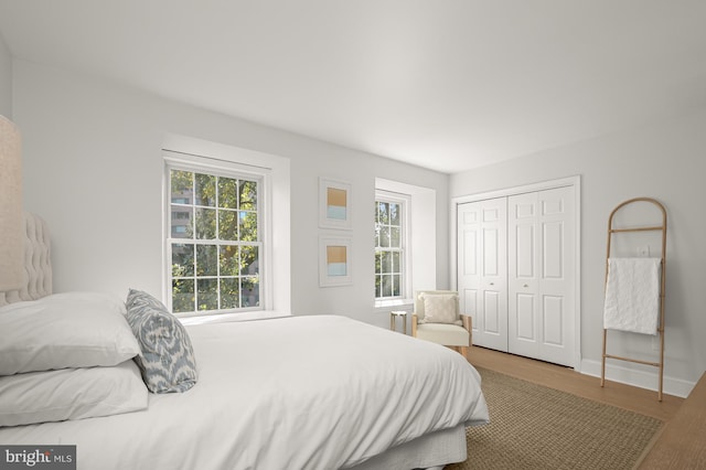 bedroom featuring hardwood / wood-style flooring and a closet