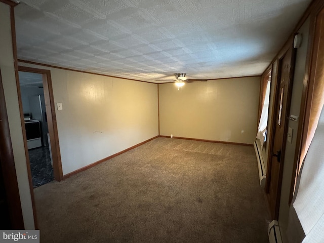 spare room with carpet floors, a baseboard radiator, ornamental molding, and ceiling fan