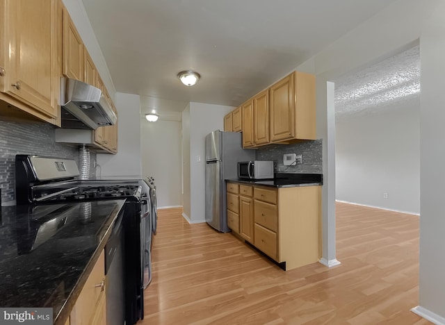 kitchen with light wood-type flooring, appliances with stainless steel finishes, tasteful backsplash, and ventilation hood