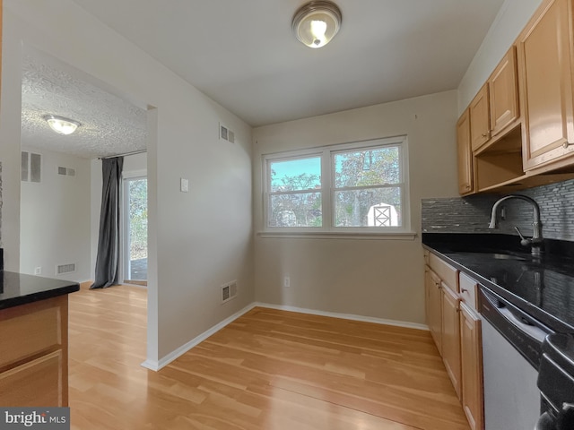 kitchen featuring backsplash, a healthy amount of sunlight, sink, and light hardwood / wood-style flooring