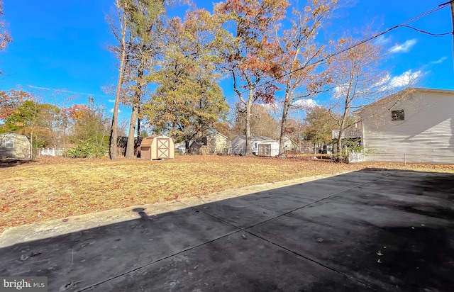 view of yard with a storage unit and a patio