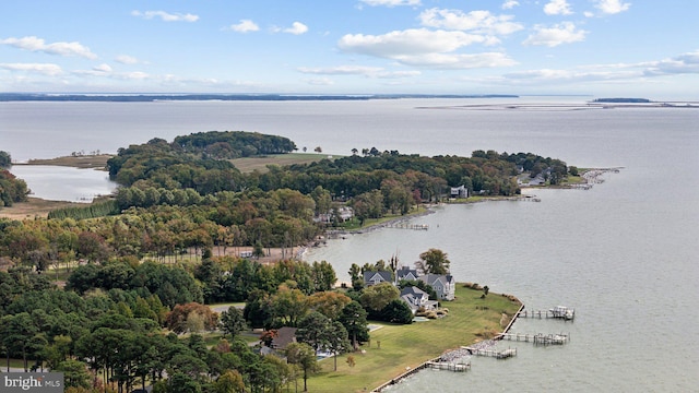 drone / aerial view featuring a water view