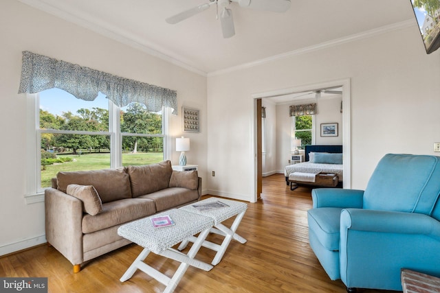 living room with light wood-type flooring, crown molding, and a wealth of natural light