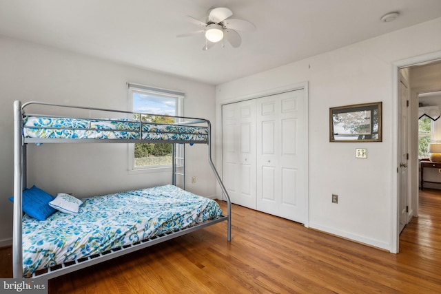 bedroom featuring wood-type flooring, a closet, and ceiling fan