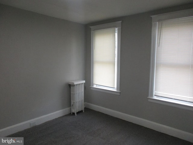 carpeted spare room featuring radiator and plenty of natural light