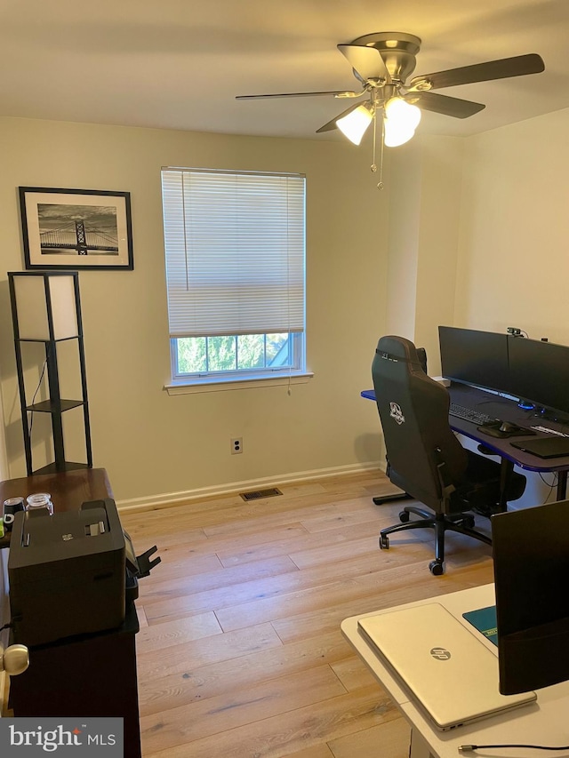 office area featuring light wood-type flooring and ceiling fan