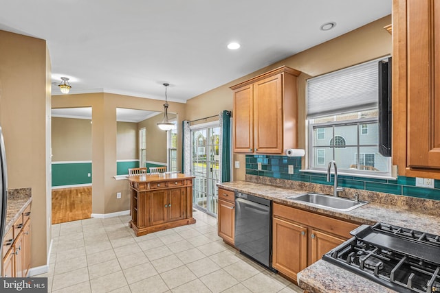 kitchen with sink, decorative light fixtures, light tile patterned floors, stainless steel dishwasher, and range with gas cooktop