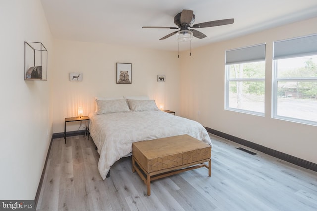 bedroom with ceiling fan and light hardwood / wood-style flooring