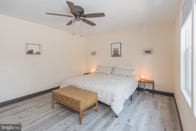 bedroom with ceiling fan and light hardwood / wood-style flooring