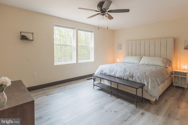 bedroom featuring ceiling fan and light hardwood / wood-style flooring