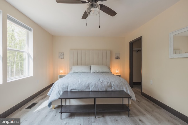 bedroom with ceiling fan, light hardwood / wood-style flooring, multiple windows, and a walk in closet