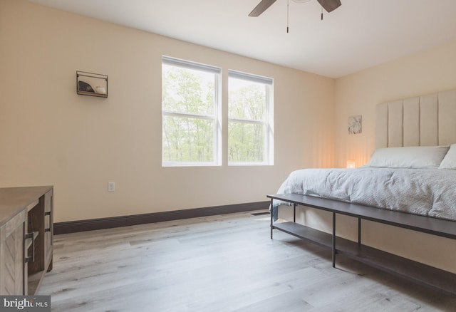 bedroom featuring light wood-type flooring and ceiling fan