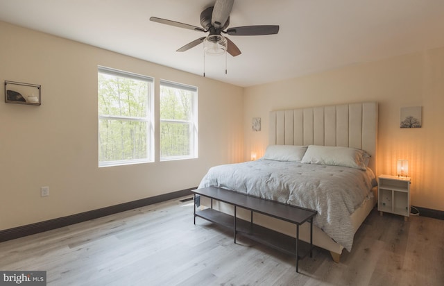 bedroom with ceiling fan and wood-type flooring