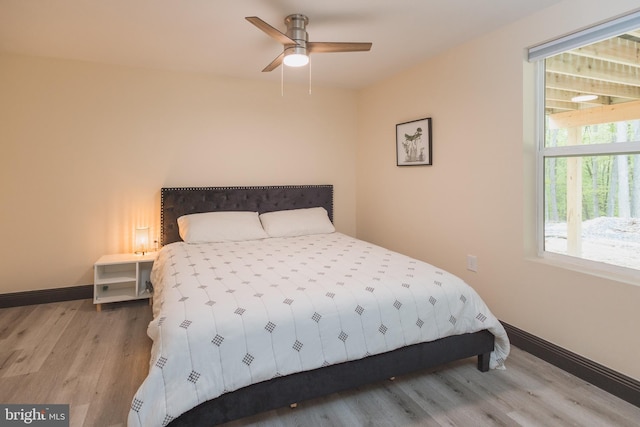 bedroom featuring ceiling fan and light hardwood / wood-style floors