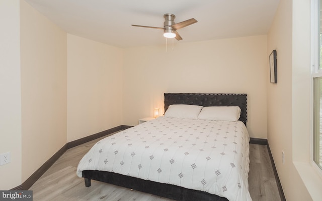 bedroom with ceiling fan and light wood-type flooring