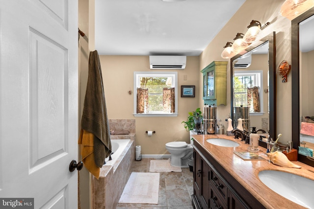 bathroom with toilet, a wall unit AC, a wealth of natural light, and tiled bath