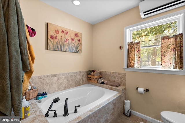 bathroom with tile patterned flooring, toilet, a relaxing tiled tub, and a wall mounted air conditioner