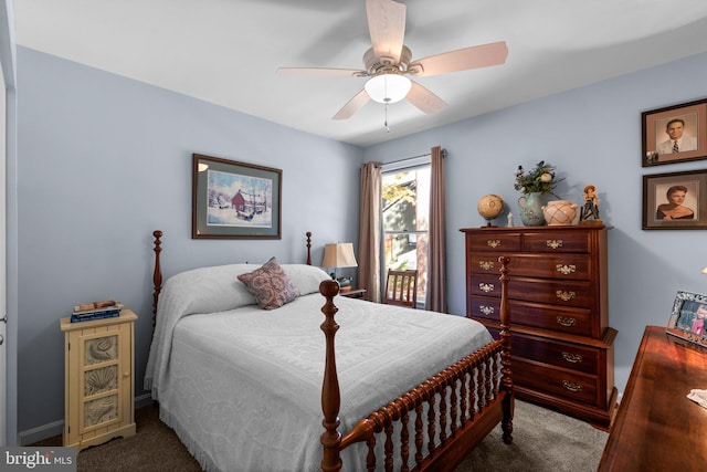 carpeted bedroom with ceiling fan