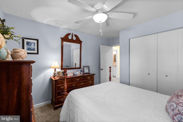 bedroom featuring carpet floors, a closet, and ceiling fan