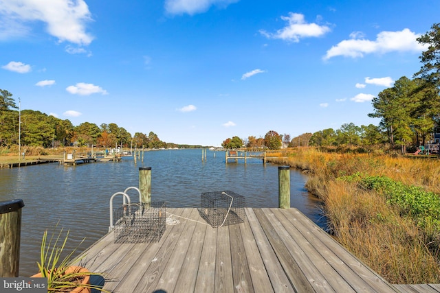 view of dock with a water view