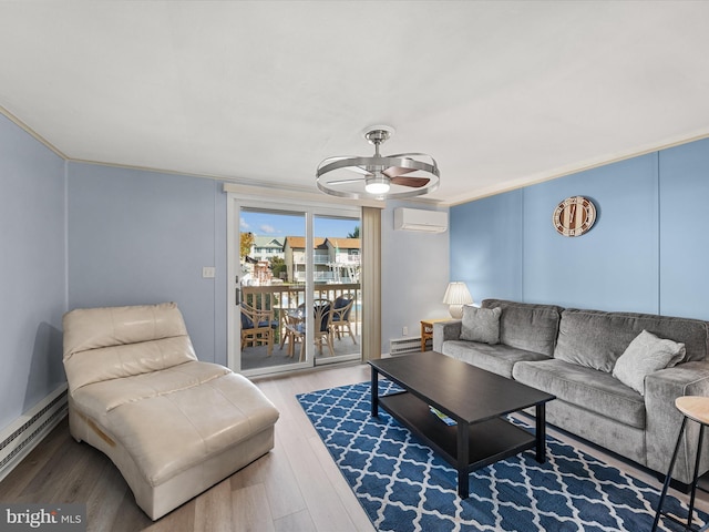 living room featuring hardwood / wood-style flooring, ornamental molding, a baseboard radiator, and a wall mounted air conditioner