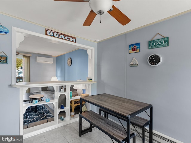 tiled dining room with ceiling fan and a wall mounted AC